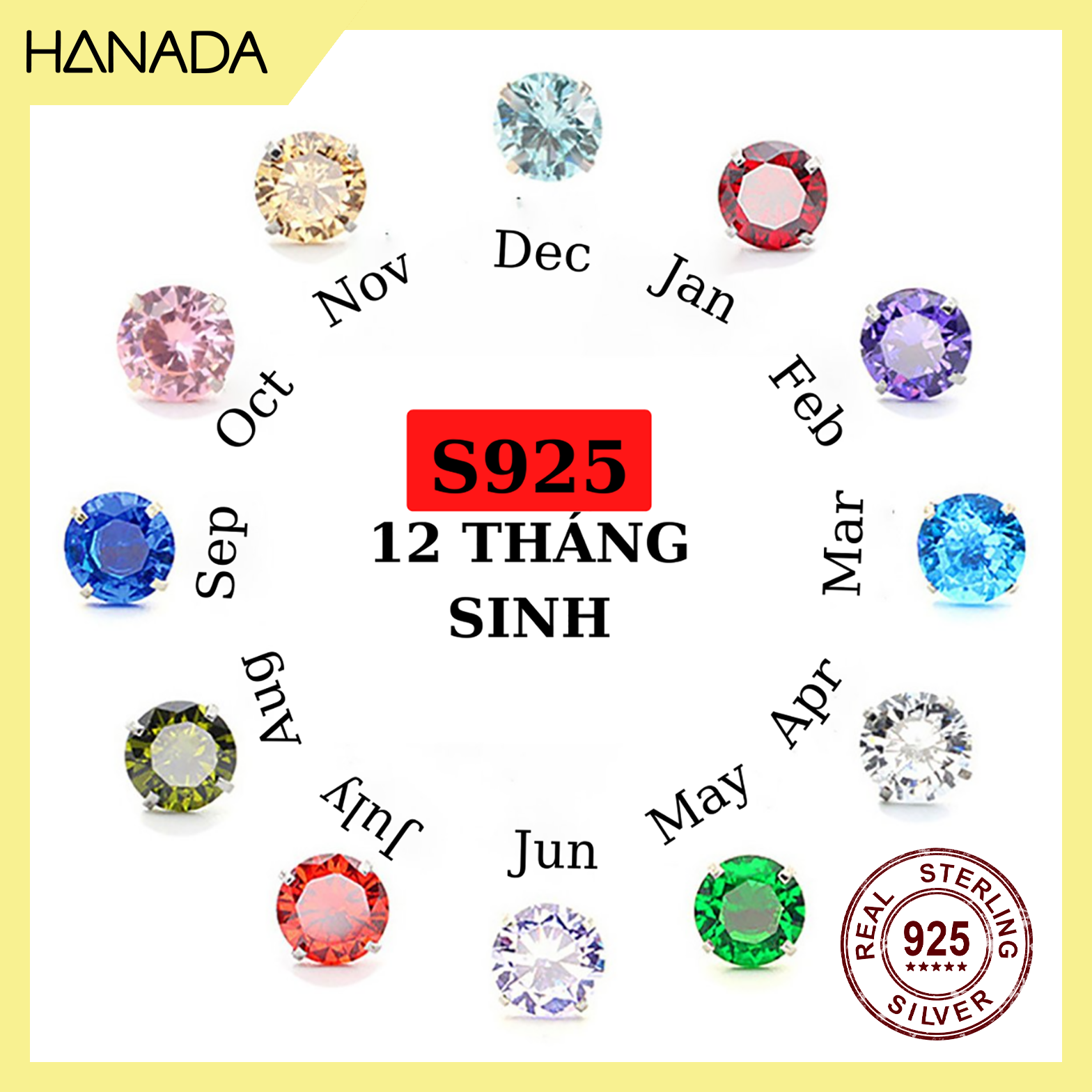 Bông Tai Bạc Ta 5MM Màu Đá Chuẩn Theo Màu Tự Nhiên Hanada Bông Nụ Phù Hợp Nam Nữ Đơn Giản 0883