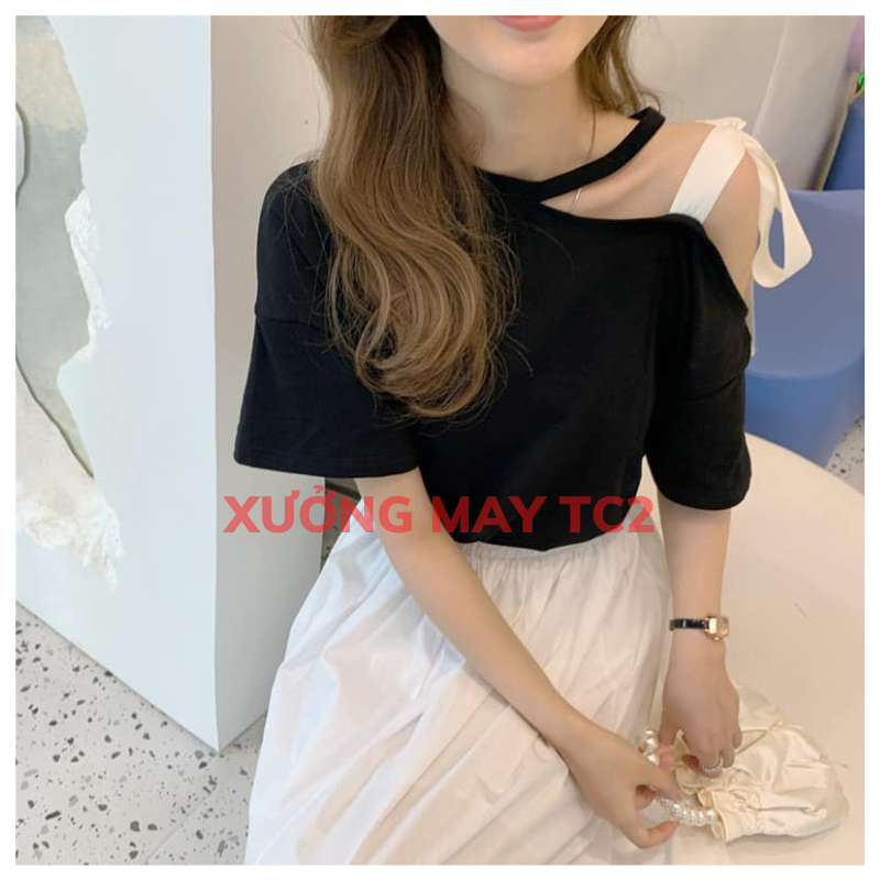 Áo thun choker trễ vai thắt nơ tay lỡ- áo phông cộc tay from rộng unisex ulzzang vintage , áo thun nữ kiểu, áo chorker nữ, áo trễ vai kiểu thời trang hàn quốc
