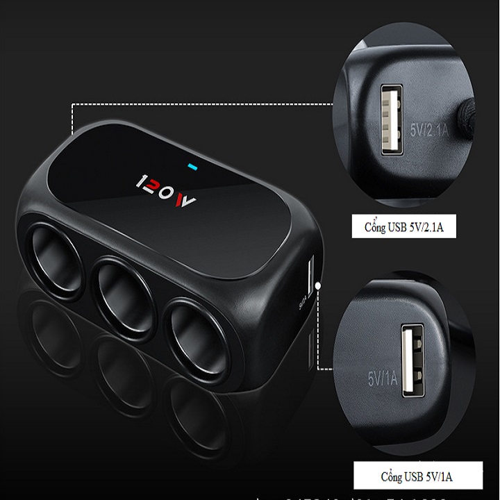 Bộ chia tẩu sạc ô tô,sạc điện thoại dùng cho ô tô 12v và 24v 3 cổng 2 usb V3