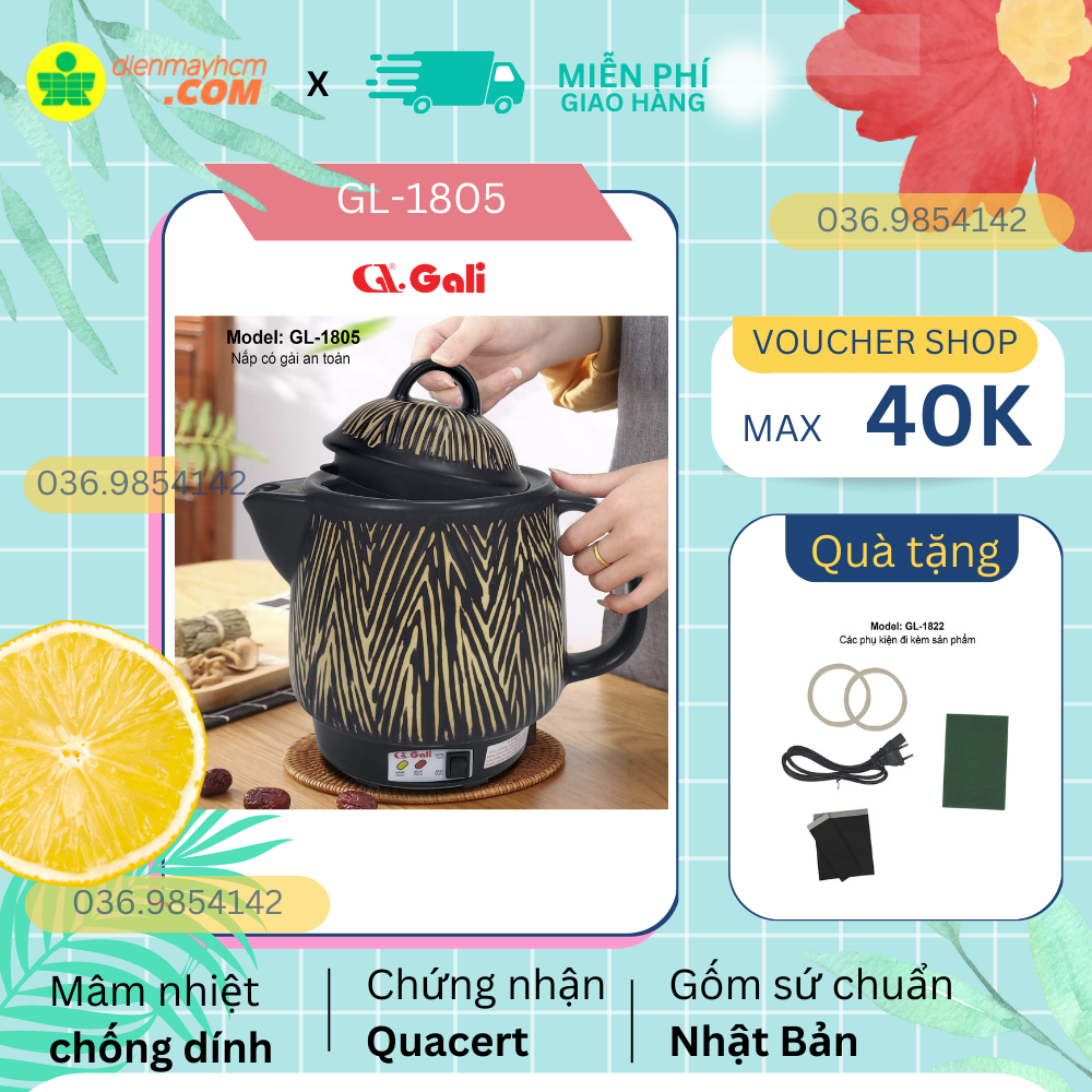 Ấm sắc thuốc gali mã sp gl-1805 450w dung tích 3.3l phủ chống dính bảo hành 12t gốm tiêu chuẩn nhật tráng men cao cấp sắc 3 chén còn 1 chén