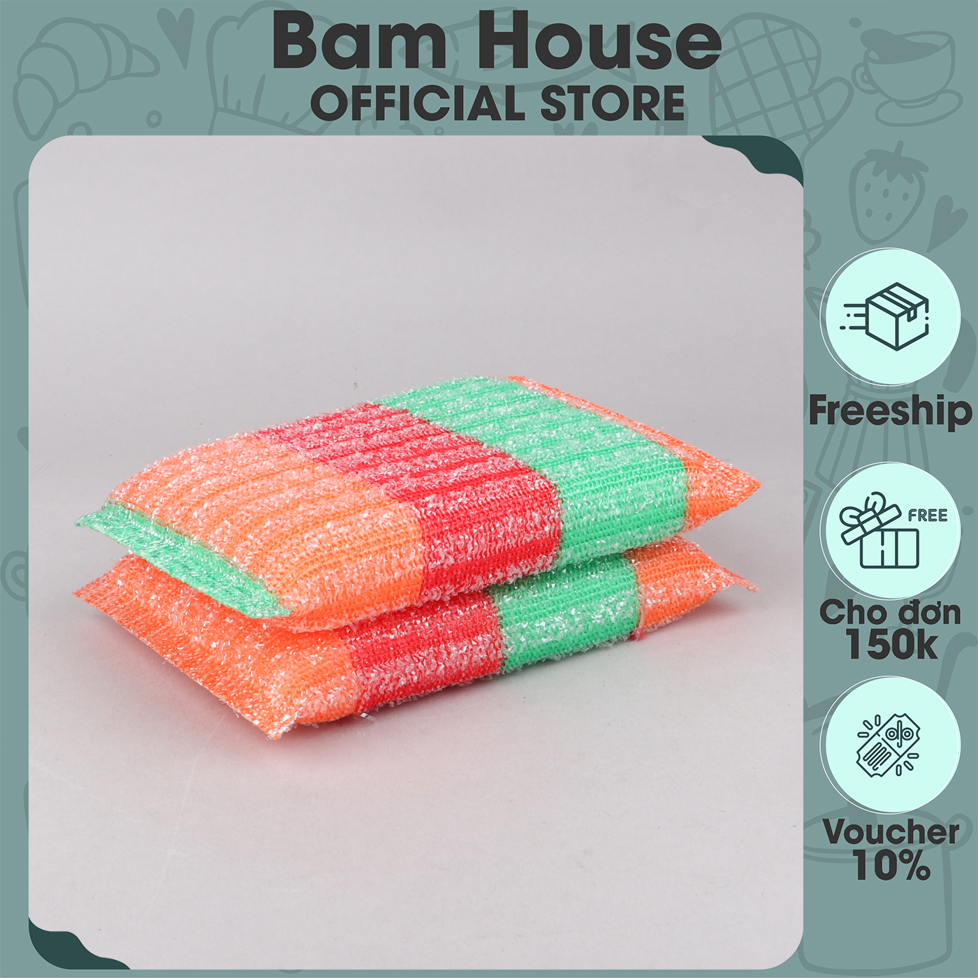 Combo 2 Cước rửa chén Bam House cam đỏ siêu dày lõi mút kháng khuẩn cao cấp CCR07 - Cước rửa chén Cuoc rua chen Mut rua chen