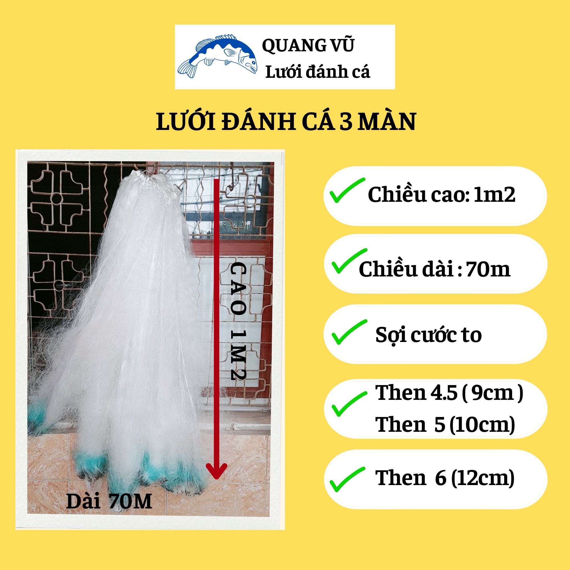 Lưới bắt cá sông 3 màn cước lưới sợi to CAO 1M2 DÀI 70M mắt lưới then 4.5 , then 5 , then 6 thả ở sông hồ ao suối, đánh bắt cá rô phi, chép trắm . giá bán tốt nhất trên thị trường .