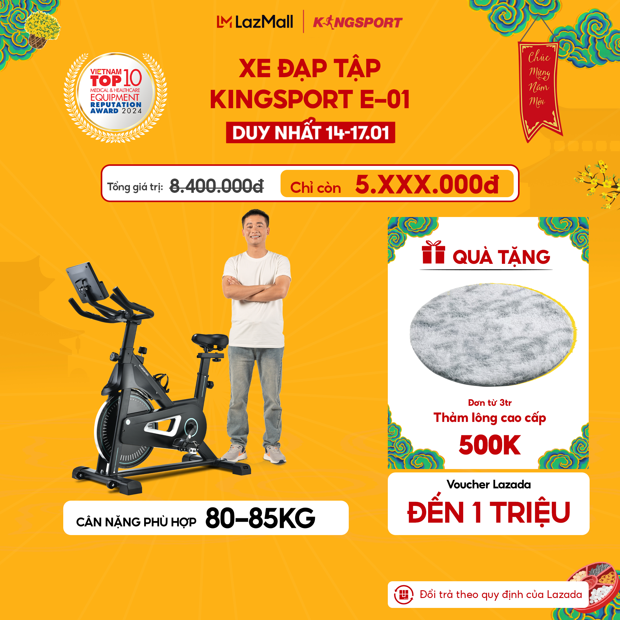 CHỈ GIAO MIỀN NAM| Xe đạp tập KINGSPORT Active E-01 thiết kế năng động, bánh đà 6kg, kháng lực từ tính êm ái, tích hợp đồng hồ đo lường chỉ số