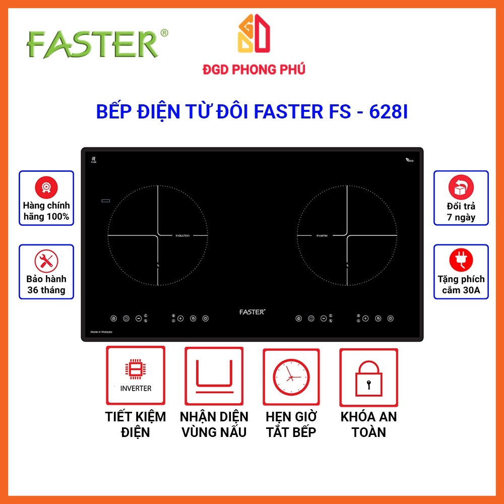 Bếp từ faster fs-628i/ fs-628hi. bếp điện từ đôi, hai lò từ, inverter tiết kiệm điện, để âm và dương, bảo hành 3 năm.
