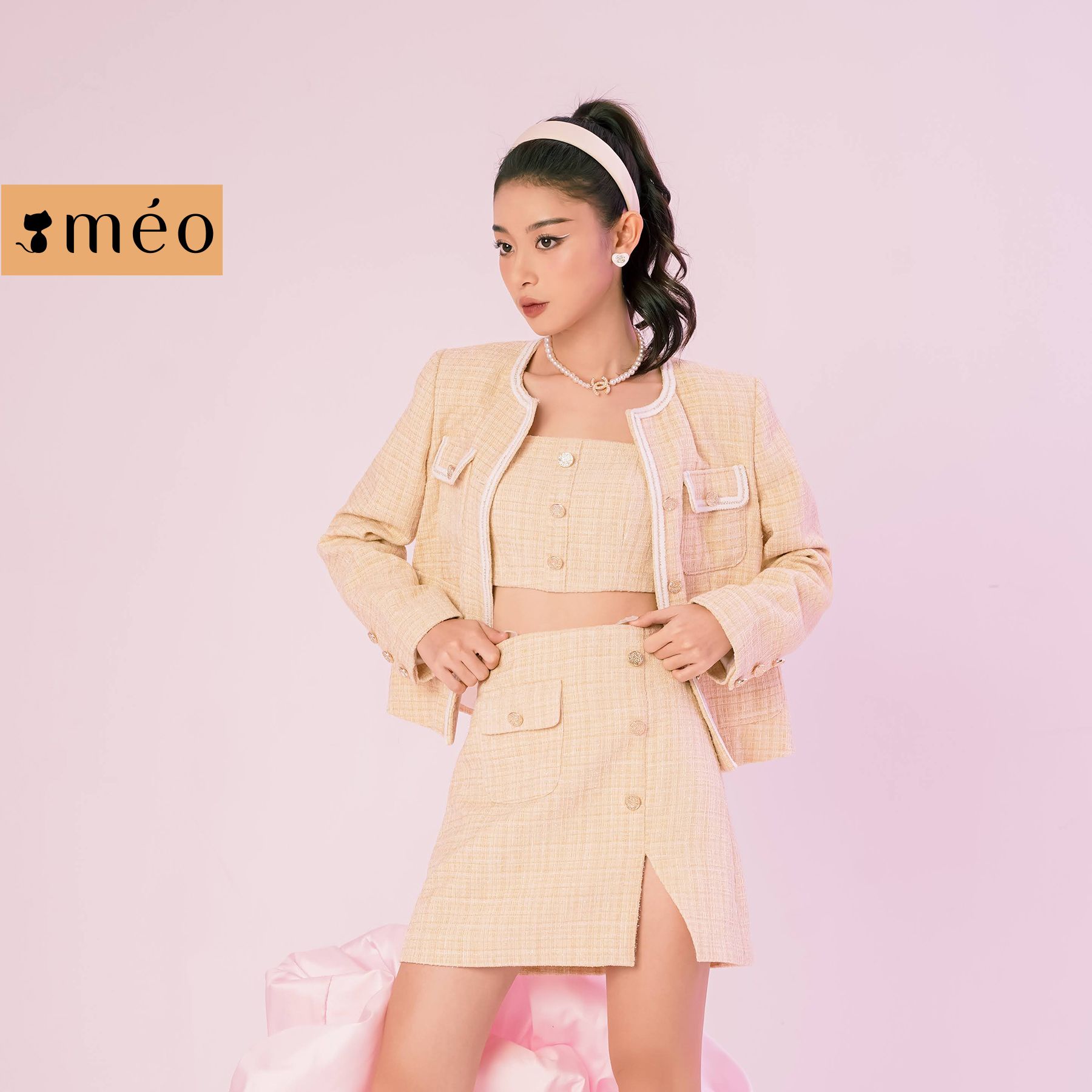 Chân váy thiết kế nữ Méo shop ngắn dạ tweed kiểu Hàn Camela