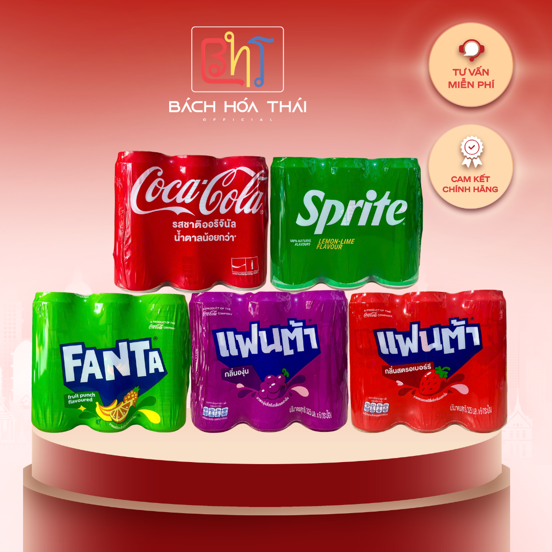 Coca cola, Sprite và Fanta Thái Lan lon 325ml vị nguyên bản/giảm đường Siêu Ngon - 1 lốc 6 lon