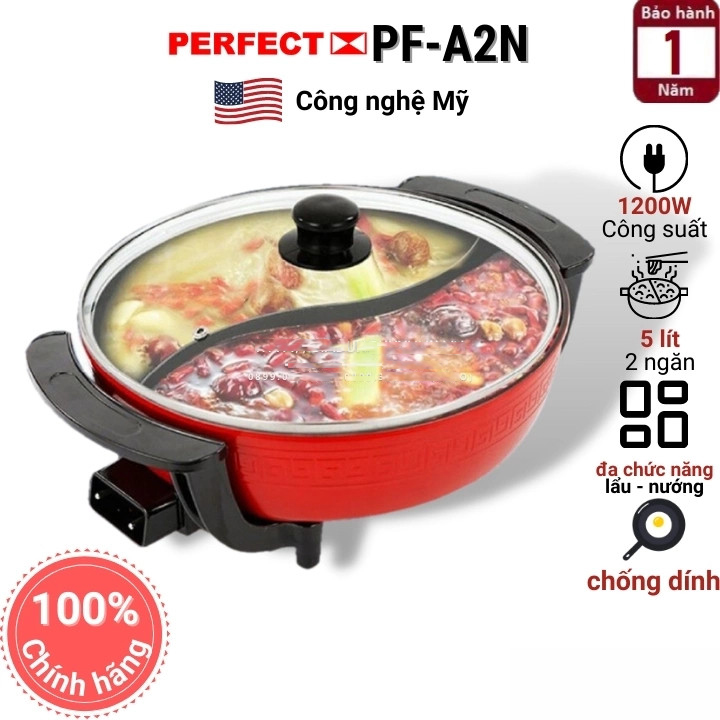 Nồi lẩu điện 2 ngăn đa năng perfect pf-a2n công suất lớn, lòng nồi hợp kim bằng nhôm 3 lớp chắc chắn chống dính cao cấp, khung hợp kim tản nhiệt, 2 ngăn riêng biệt sử dụng đa năng, nướng,lẩu, xào,lẩu cay và không cay.