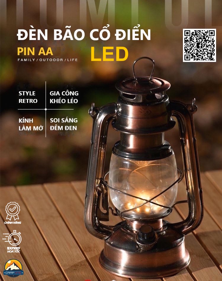 Đèn bão LED cổ điển dùng pin AA gắn rời trang trí cắm trại dã ngoại du lịch