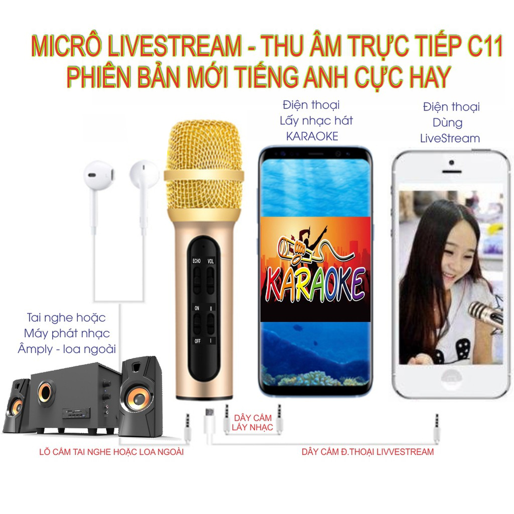 Trọn Bộ Micro Thu Âm Karaoke Livestream C11 Kèm Đầy Đủ Phụ Kiện Kết Nối