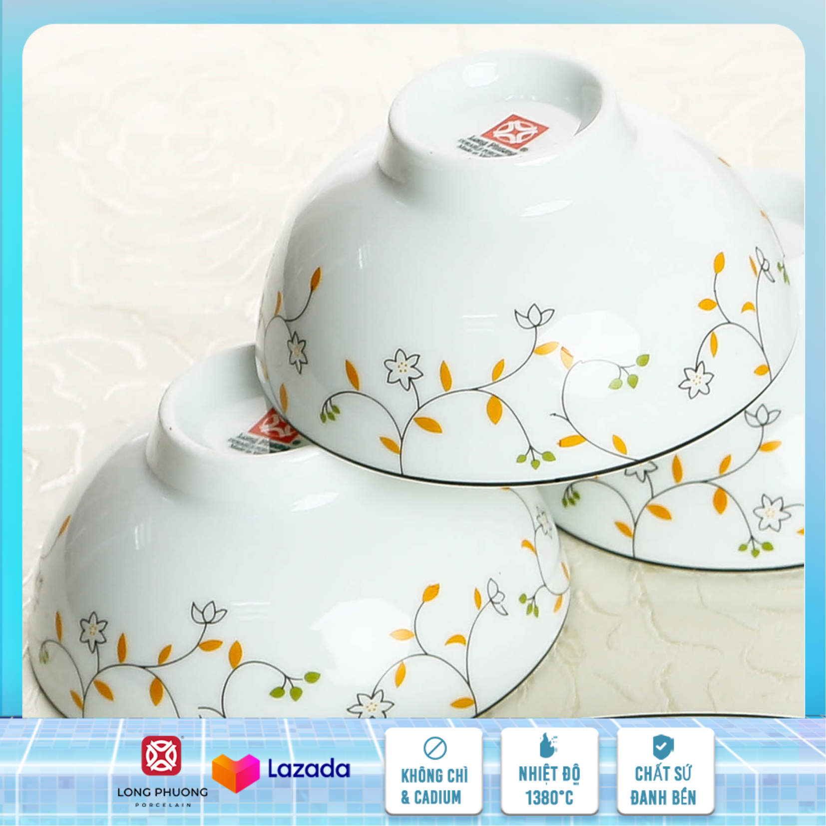 Chén cơm sứ, bát cơm sứ, tô cơm con hoa nhí A03 Long Phương họa tiết hoa dây cam