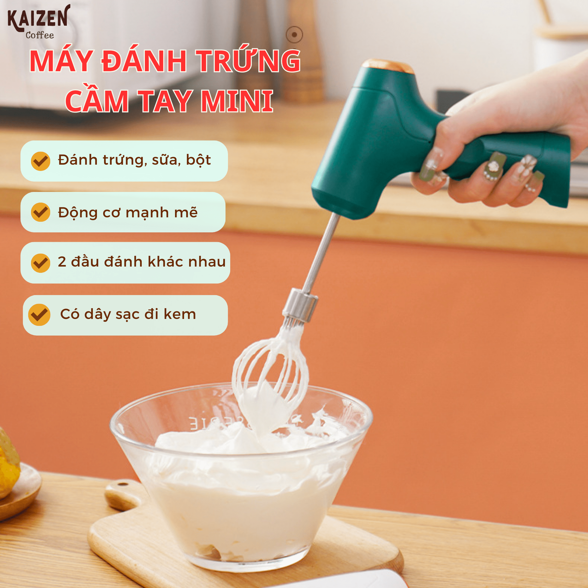 Máy đánh trứng cầm tay, máy đánh sữa, máy đánh bột, máy đánh kem nhỏ gọn tiện dụng - kaizen coffee