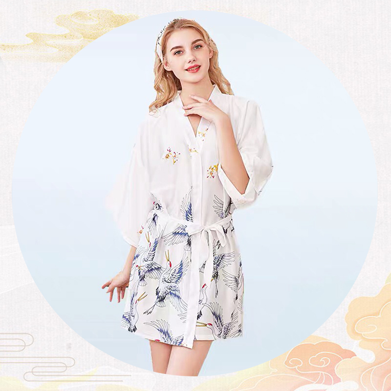 [HCM]Áo choàng ngủ lụa cao cấp kiểu kimono in hình chim hạt sang trọng