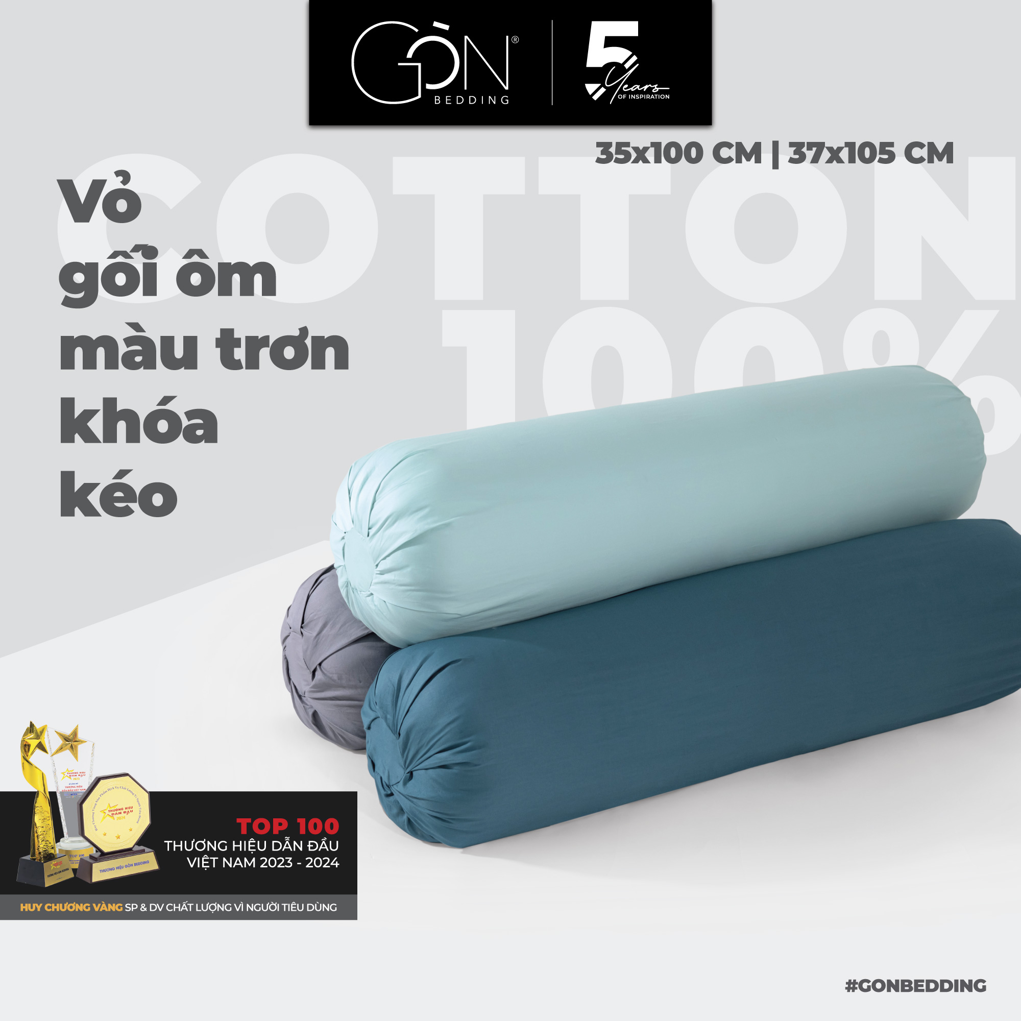 Vỏ Gối Ôm Dây Kéo Gòn Bedding Cotton 100% Hàn Quốc Màu Trơn 35x100, 37x105 cm
