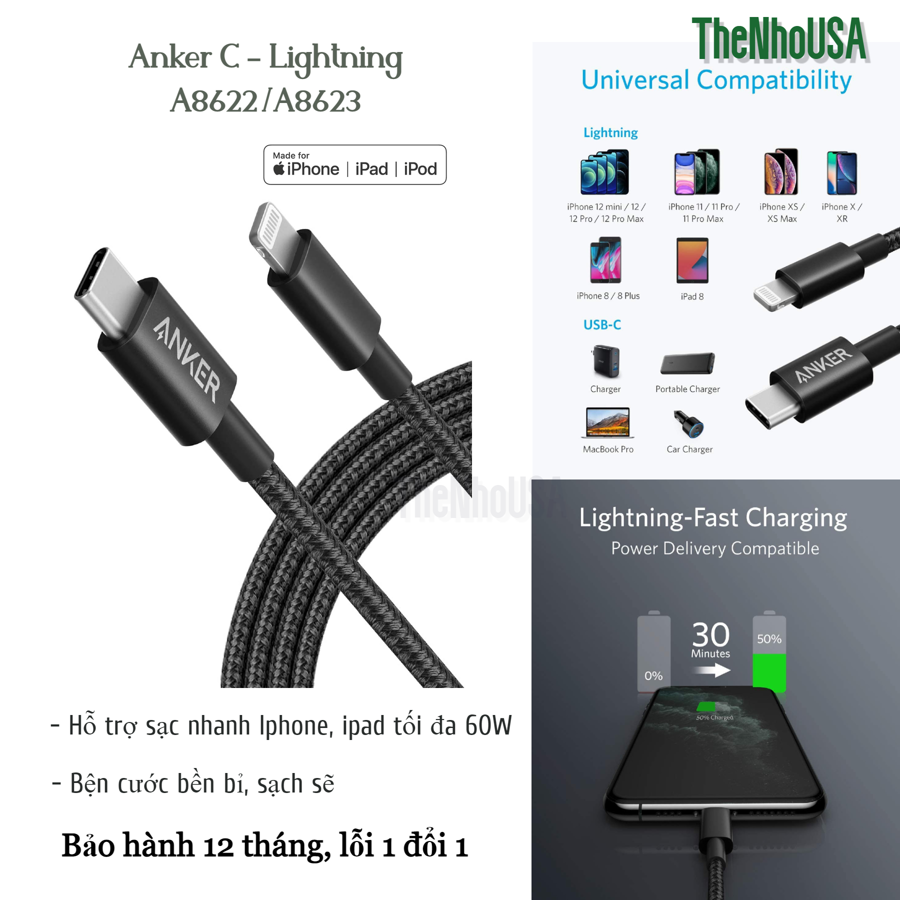 Cáp sạc nhanh anker nylon usb c - lightning - a8622/a8623