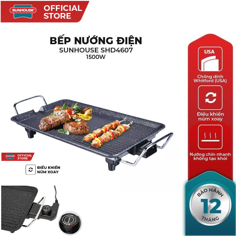 Bếp Nướng Điện SUNHOUSE SHD4607 - Công Suất 1500W - Bề Mặt Vân Đá Hoa Cương - Chống Dính Whitford (USA) Bảo hành 12 tháng trên toàn quốc