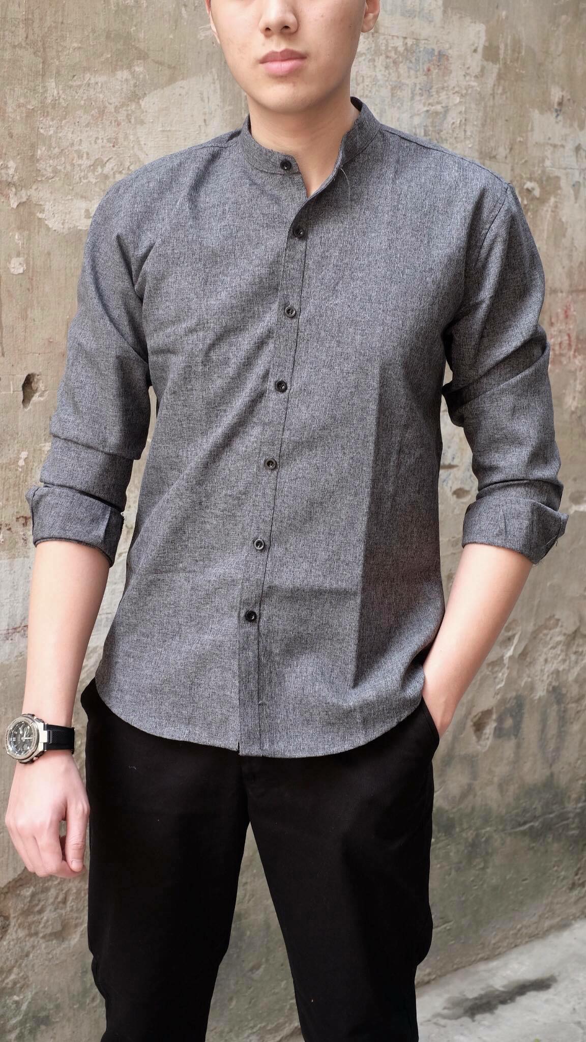 Áo Sơ Mi Nam xám cổ tàu dài tay Cao Cấp