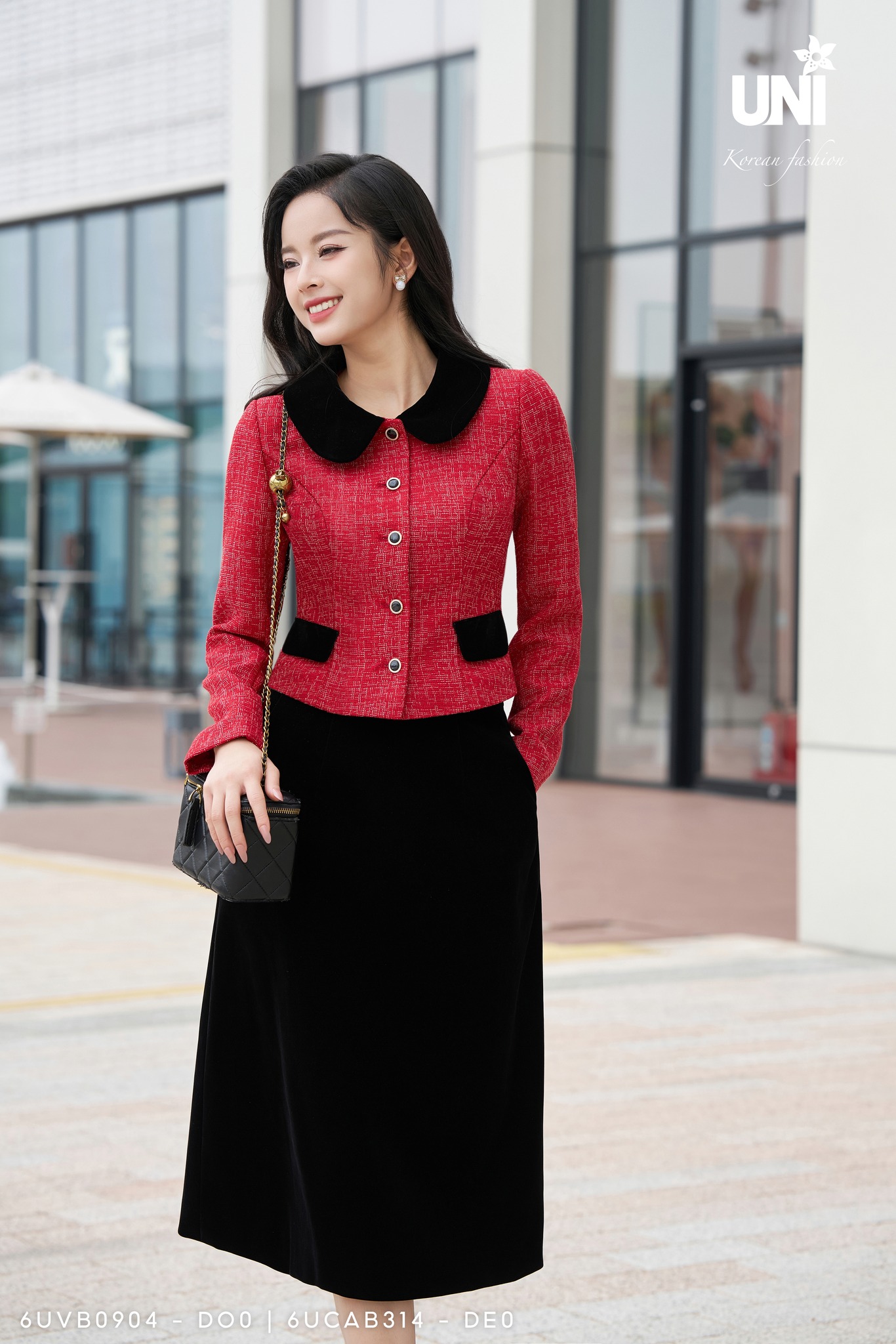  Set Áo Vest Dạ Tweed Và Chân Váy Nhung Chữ A Nữ UNIVTH Công Sở Cổ Sen Dài Tay Cao Cấp 6UVB0904 - DO0 - 6UCAB314 - DE0 