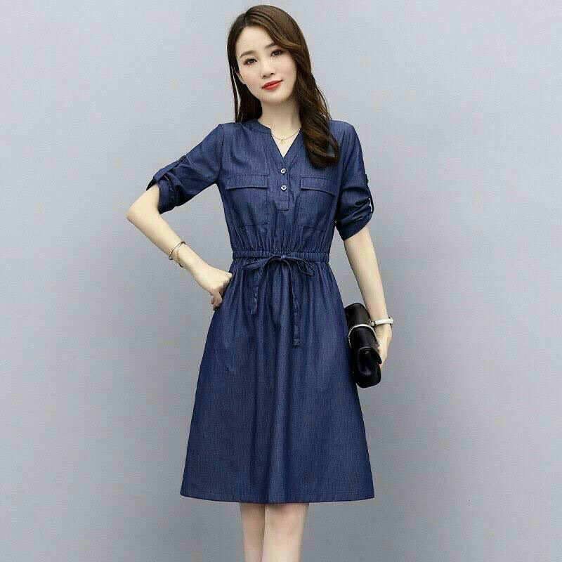 Đầm jean ngực phối túi eo rút d792