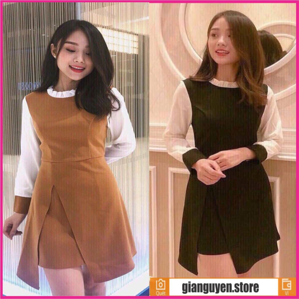 Đầm Hàn Quốc Dáng Xòe Váy Ngắn Tay Dài Phối Lưới Phù Hợp Mặc Công Sở, Đi Chơi, Đi Dự Tiệc Cá Tính Như Tiểu Thư (Đen, Cam) - GiaNguyen.Store
