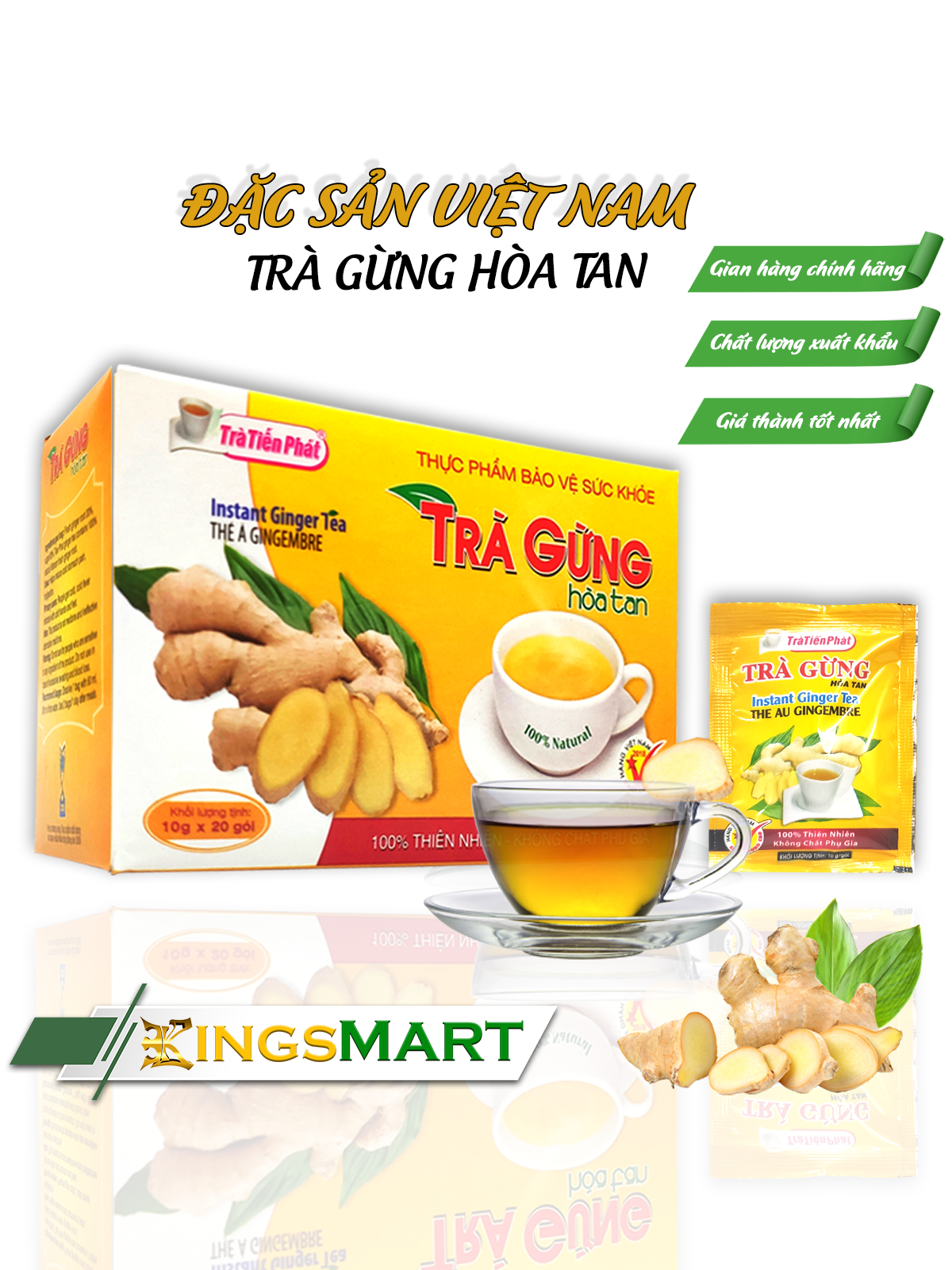 Trà Gừng Hòa Tan 200G - Thương hiệu TIẾN PHÁT - Đặc sản Quy Nhơn - Hộp 20 Gói x 10G/Gói - Kingsmart