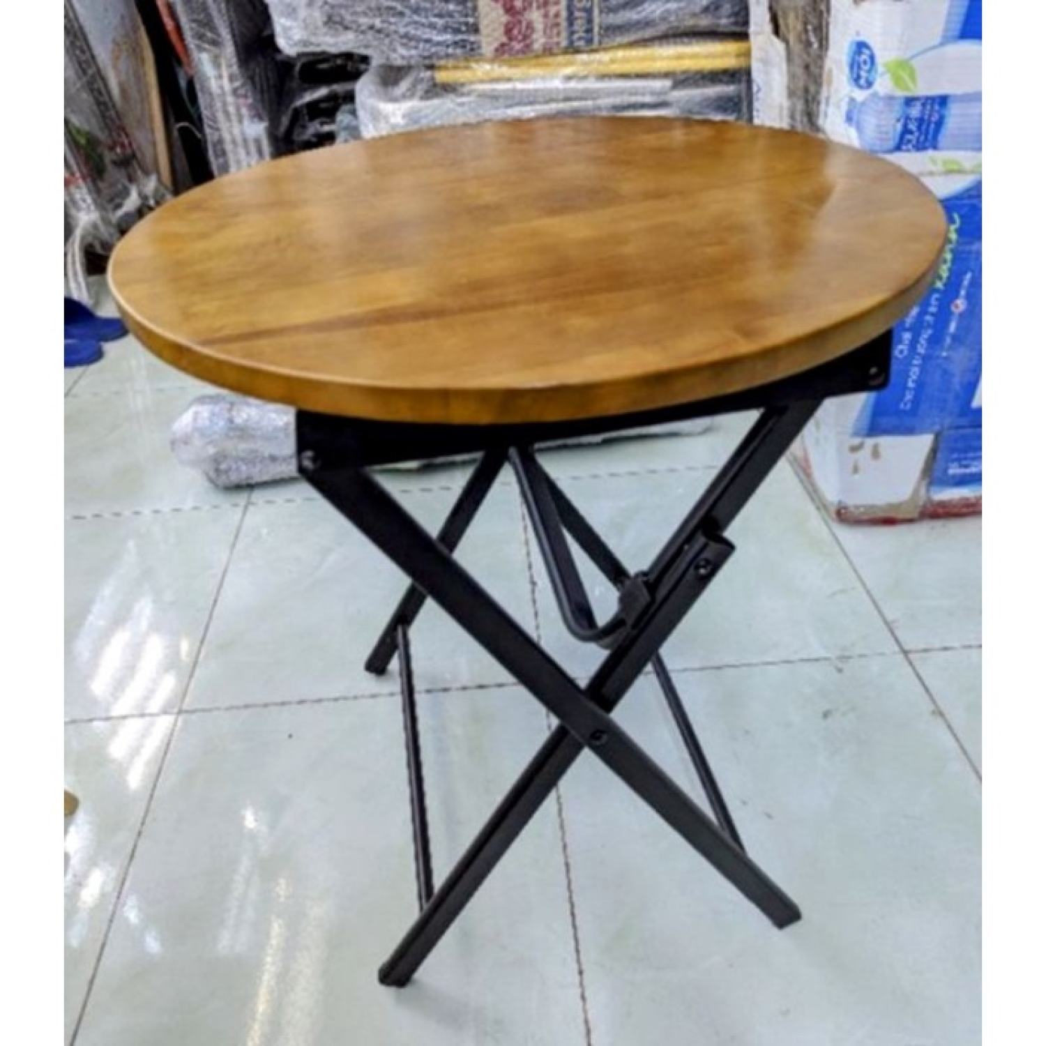 Bàn tròn xếp mặt gỗ cao su - chân thép dày