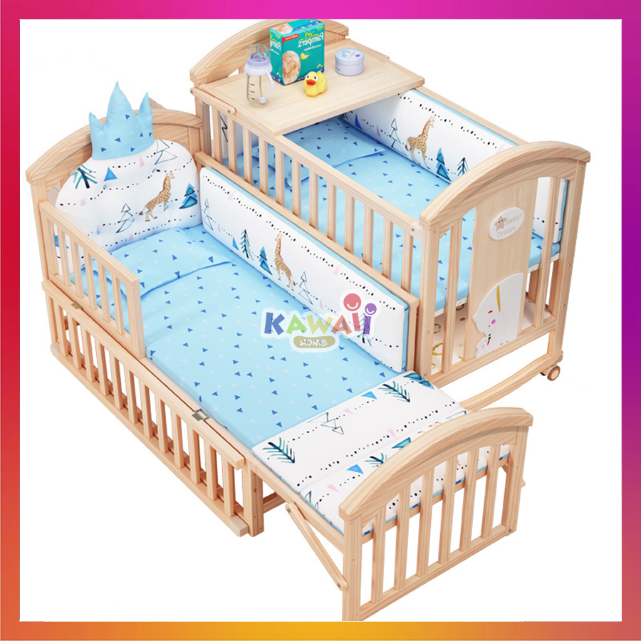 Giường cũi trẻ em Kawaii Home (Tặng kèm: Màn chống muỗi), Nôi cũi cho bé đa năng gỗ thông chắc chắn, kích thước 122x 69 x 102 Cm (Dài x Rộng x Cao)