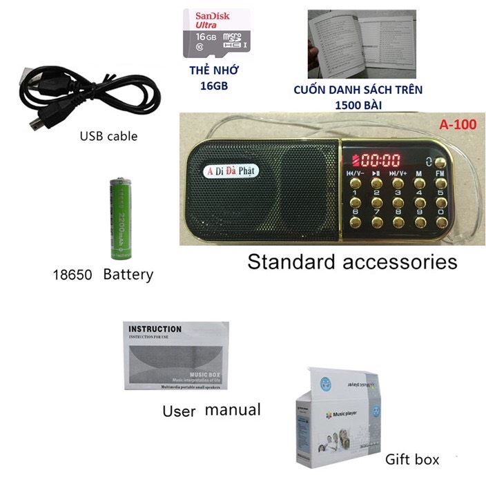 Máy nghe pháp tụng kinh nghe nhạc mp3 A100kèm thẻ nhớ 8G