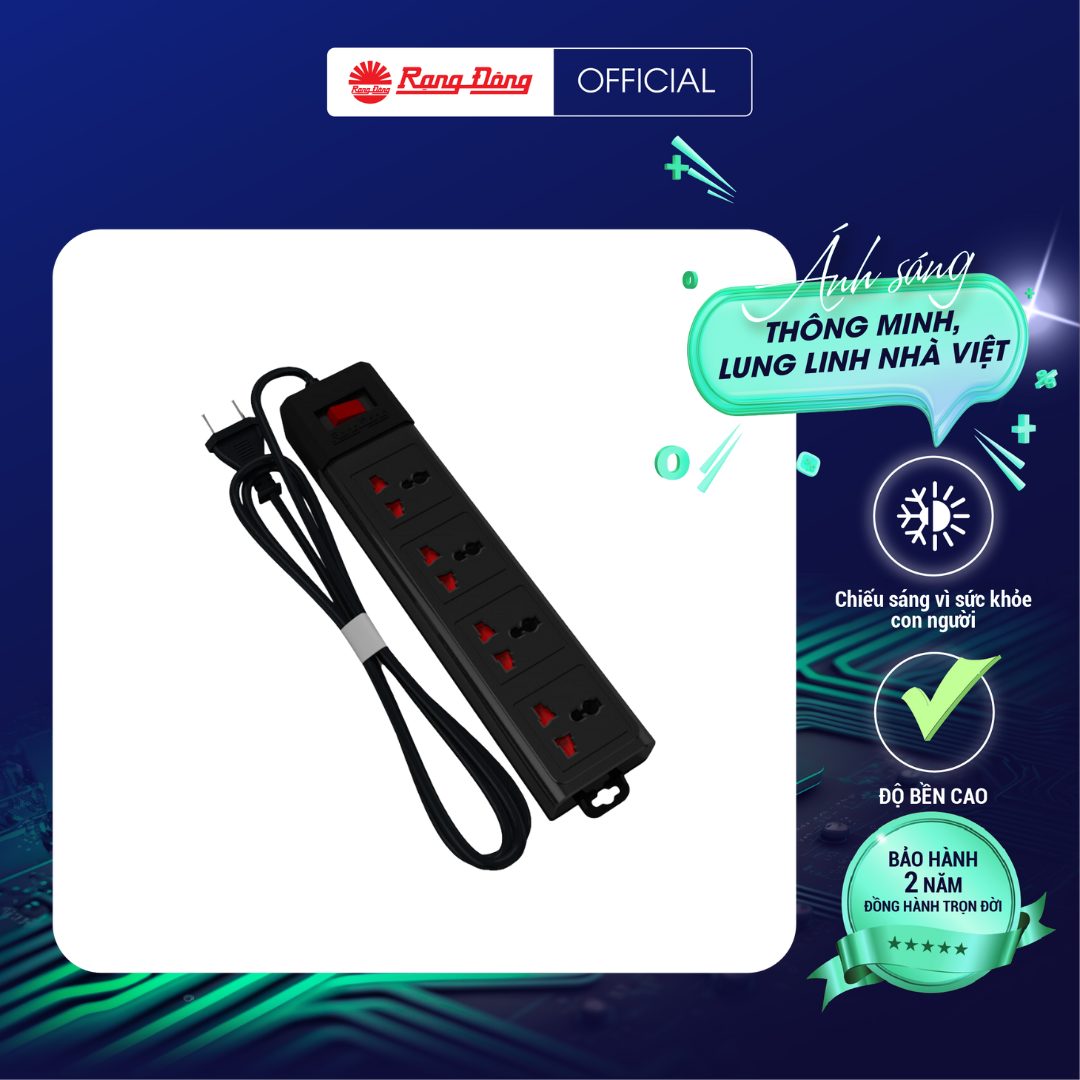 ổ cắm 4 chân dài 3 mét 5 mét OC02 4C/3M/10A chính hãng Rạng Đông chống xung điện áp cao, chống quá tải 15A nhựa ABS siêu bền chống lão hoá