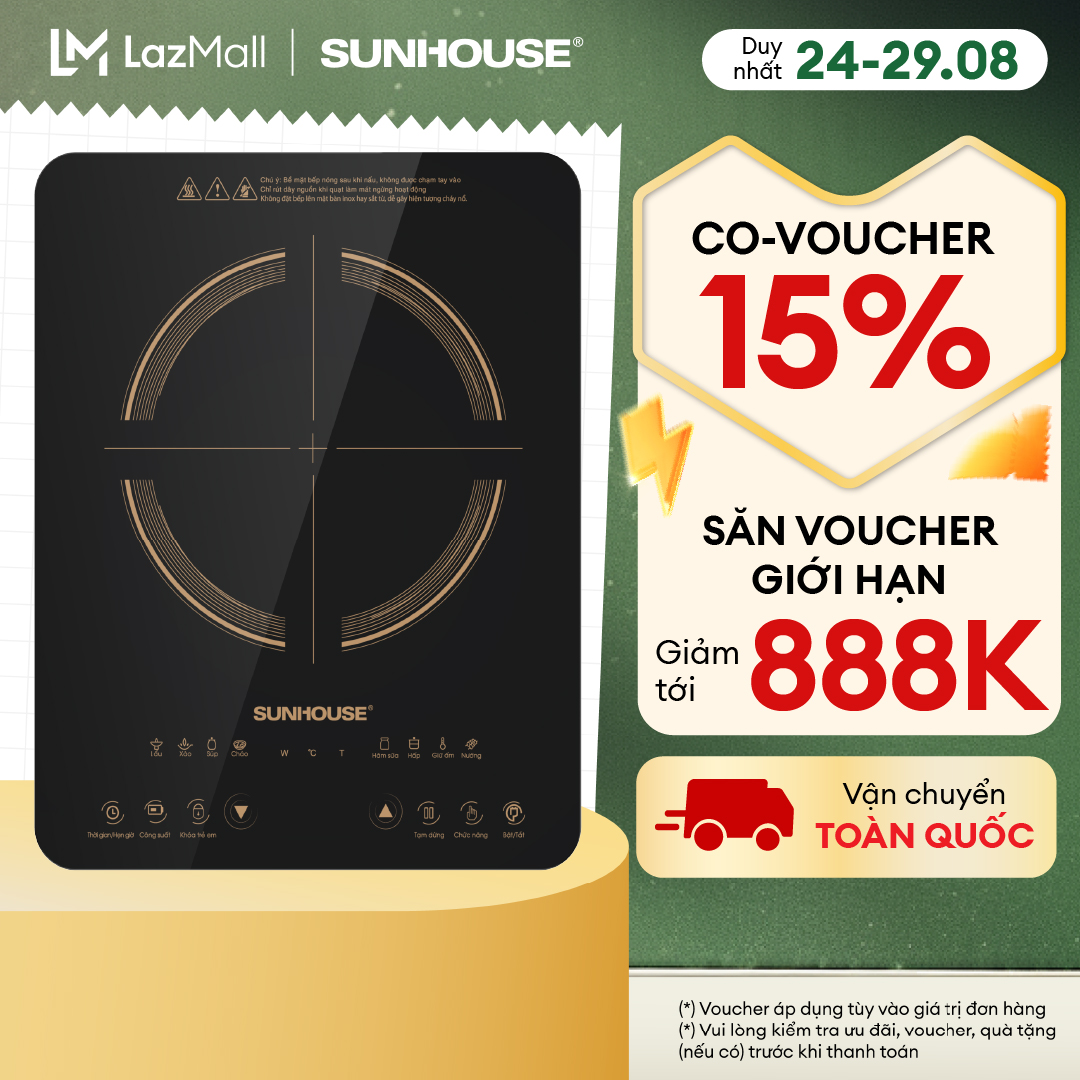 Bếp điện từ SUNHOUSE cảm ứng SHD6803 - Công suất 2000W - Kính cường lực siêu bền - 8 chế độ nấu đa dạng - Bảo hành chính hãng 12 tháng
