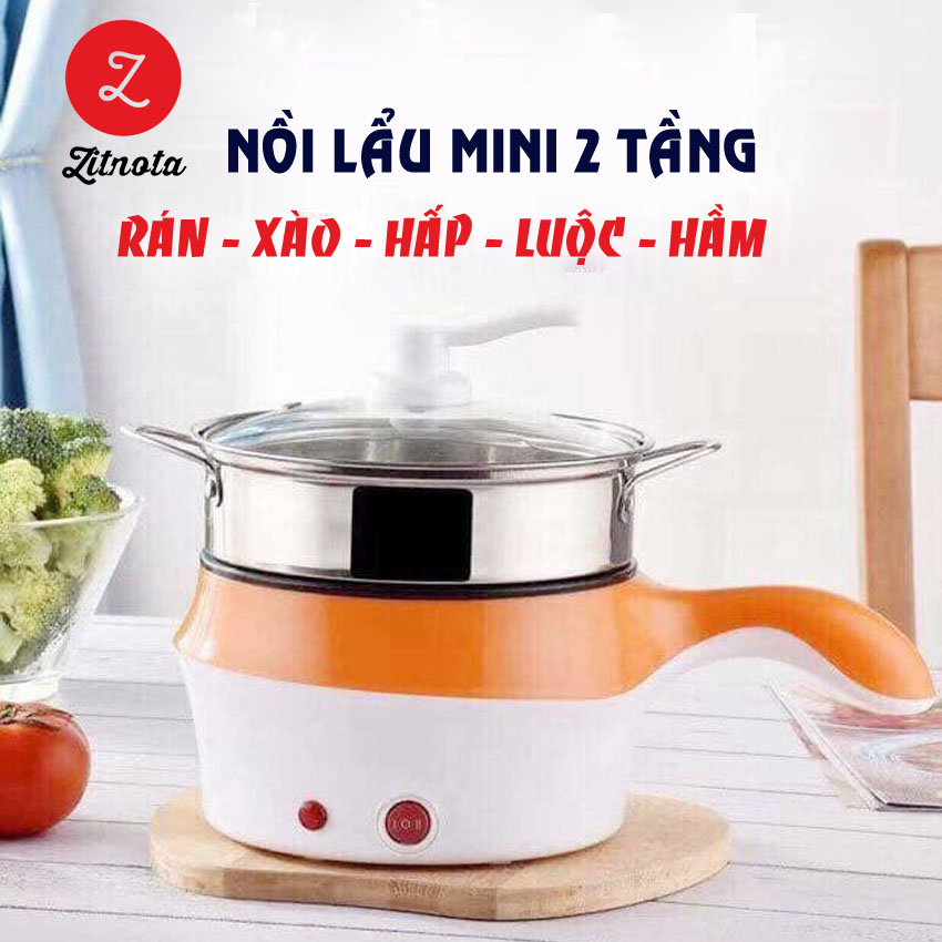 [Kèm lồng hấp] Nồi lẩu điện ca mì đa năng 2 tầng nắp kính cao cấp + kèm lồng hấp, ca điện mini nấu mì, ca điện đa năng (chiên, xào, luộc, nấu lẩu) - Zitnota Shop