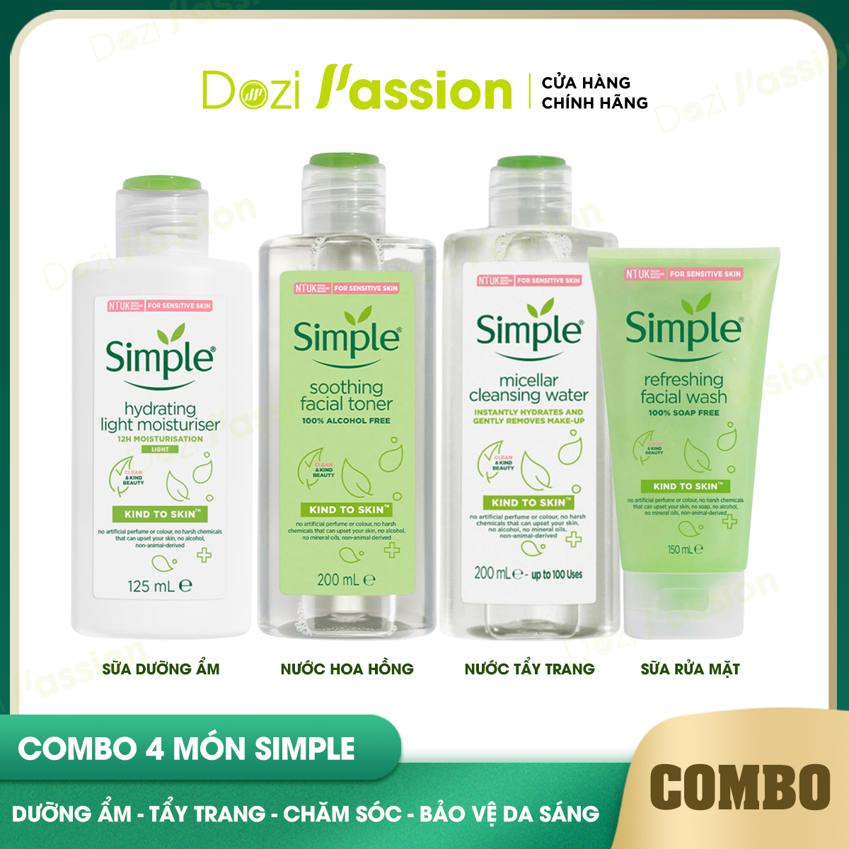 Combo Bộ Dưỡng Da Simple Cho Da Dầu, Mụn, Nhay Cảm Chính Hãng (Nước Tẩy Trang, Sữa Rửa Mặt, Toner, Kem Dưỡng)