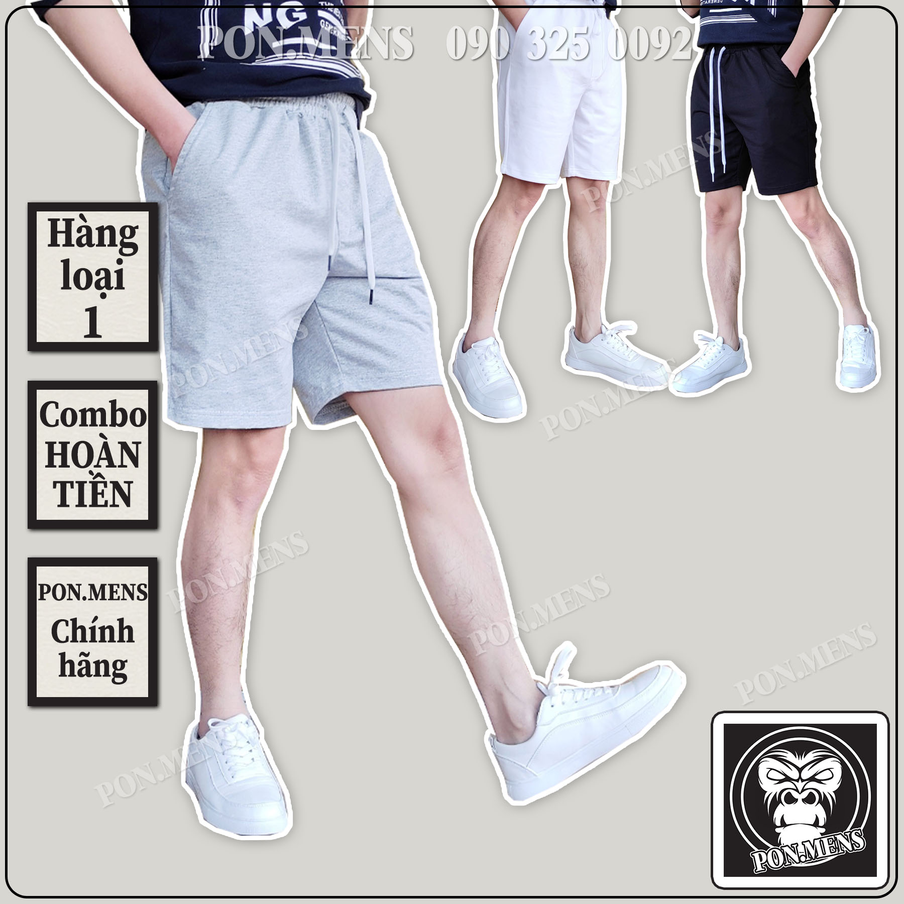 Quần đùi short nam thun da cá màu đen ghi trắng hàng VNXK 01 Pon.mens