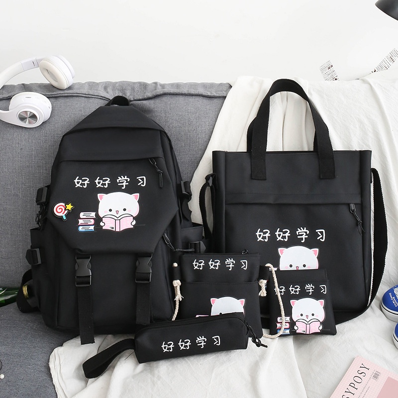 MHL Combo balo 4 món thời trang ulzzang, Set balo 4 món đi học, balo 4 món - mèo hai khóa đọc sách kẹo