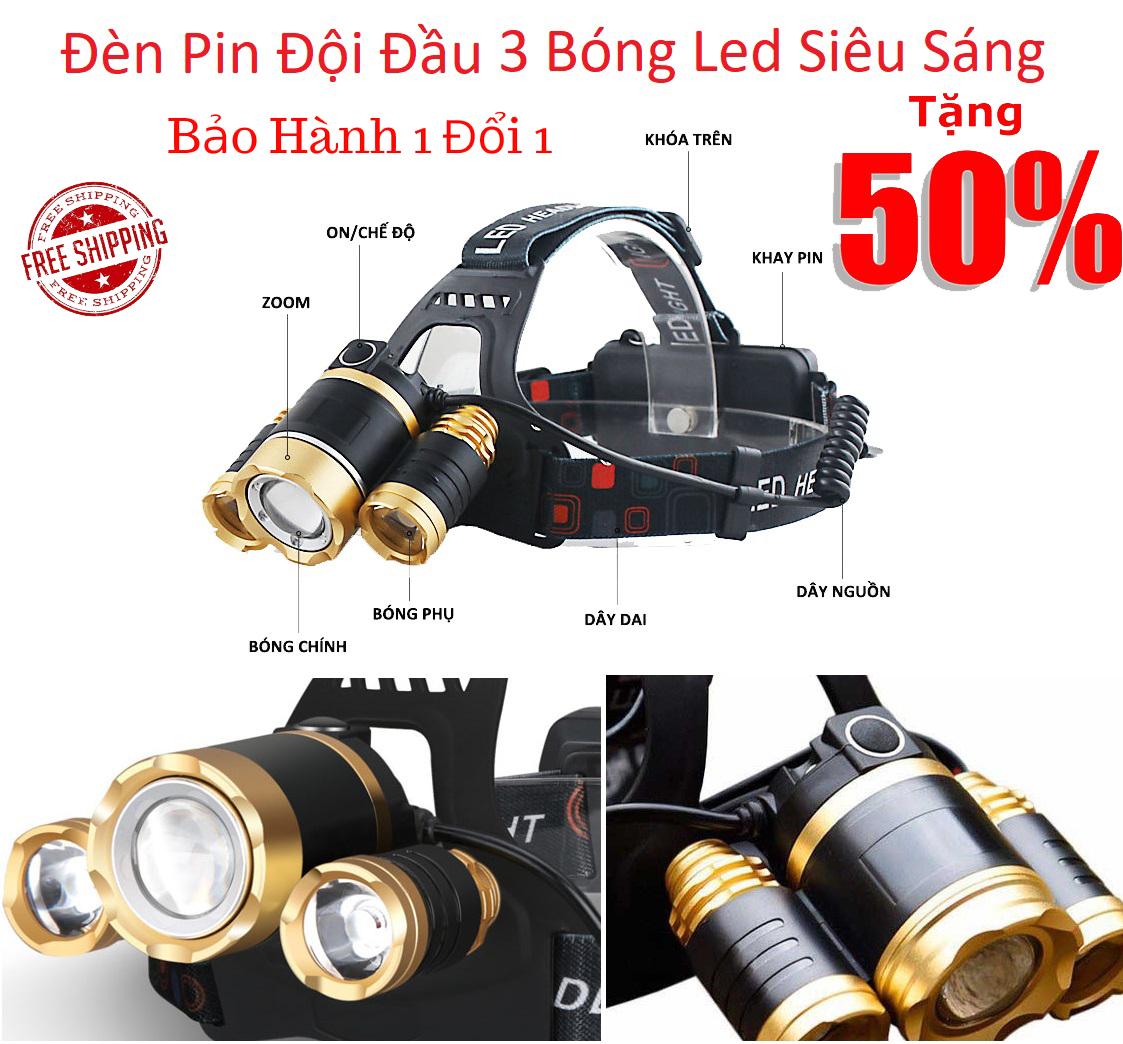 Đèn Đội Đầu Của ĐứcĐèn Pin Đội Đầu 3 Bóng T6 Siêu Sáng Công nghệ LED XML Cree T6 Thời Lượng Pin Khủng. Sử Dụng Từ 5-8h Liên Tục Với 3 Cấp Độ Sáng Thông Minh Chiếu Sáng Trong Không Gian Rộng. Bảo Hành 12 Tháng.