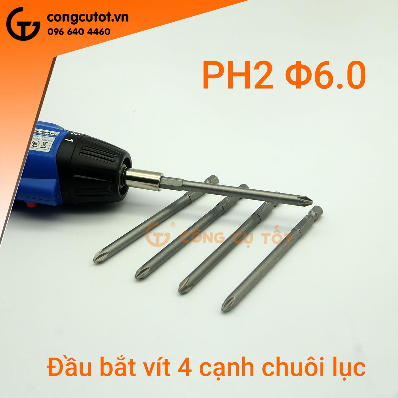 Bộ 5 đầu bắt vít 4 cạnh PH2 dài 100mm chuôi lục