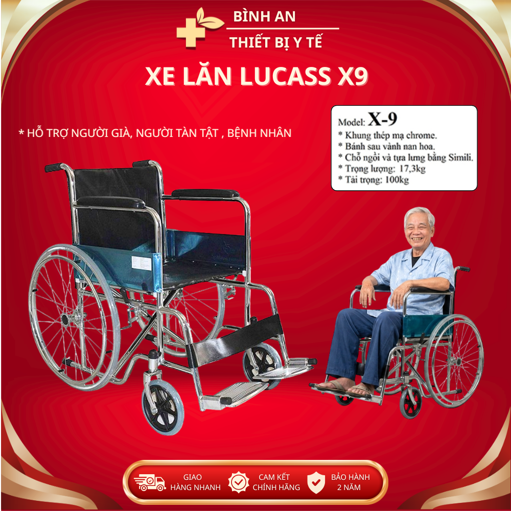 Xe Lăn Lucass X9 Tiêu Chuẩn Mỹ, Vải Da Simili, Tải Trọng 100kg - Xe Lăn Tay Dành Cho Người Tàn Tật, Người Già Ốm