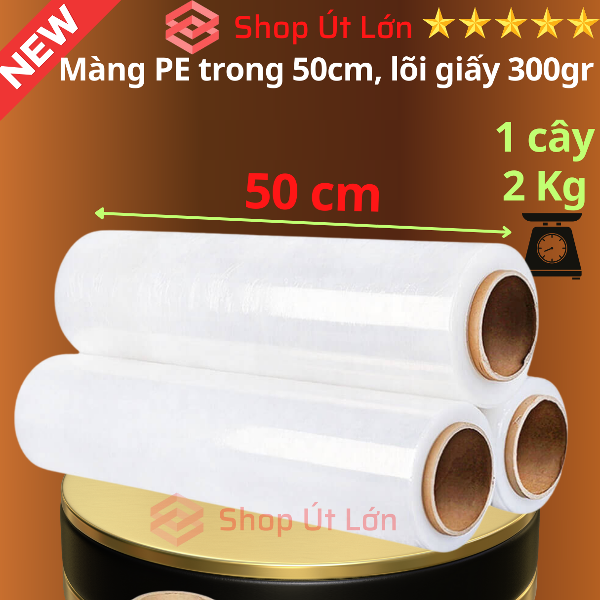 Màng pe trong 50cm, nặng 2kg, lõi giấy 300gram.