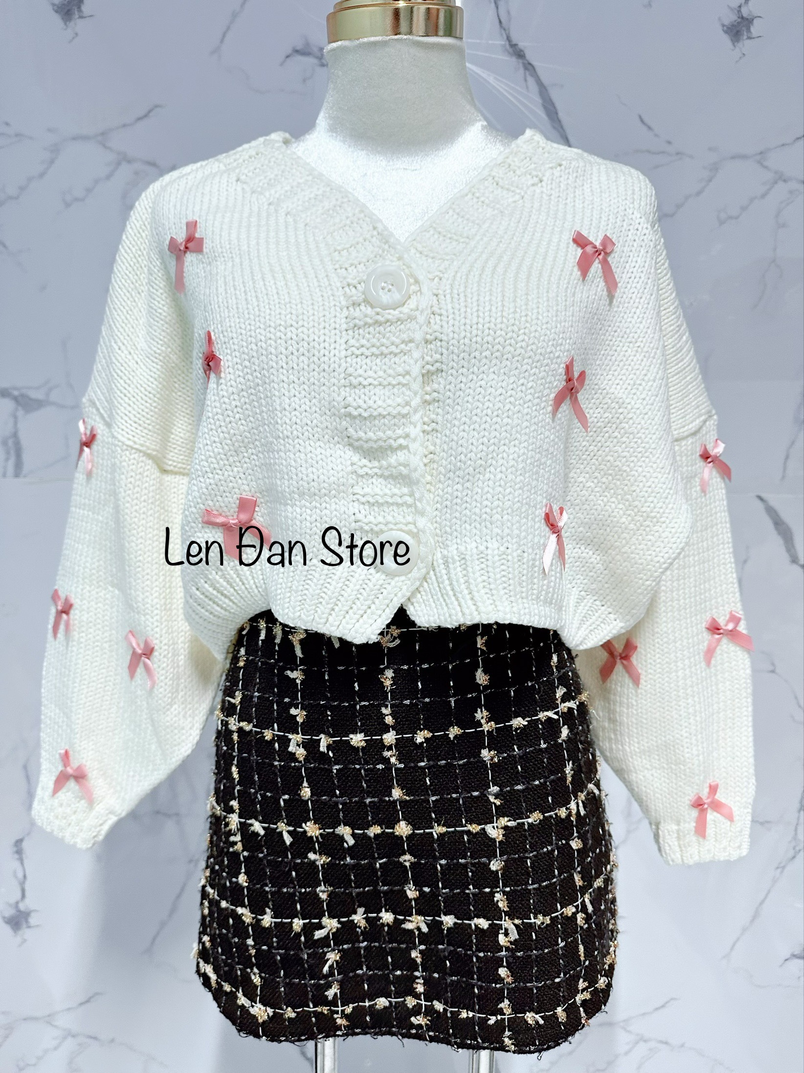 Aó len cardigan croptop nữ nơ hồng 4 cánh xinh xắn