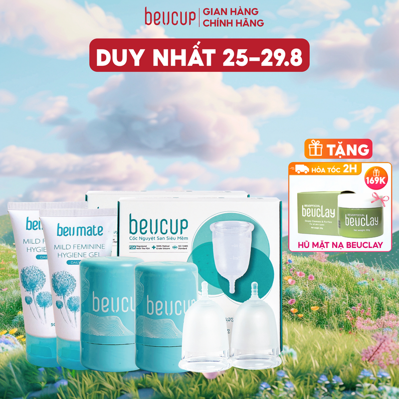 Combo 2 Cốc nguyệt san Silicone y tế Beu Cup - Băng vệ sinh kiểu mới, cốc nguyệt san có độ co giãn phù hợp TẶNG 2 cốc đựng tiệt trùng cốc nguyệt san