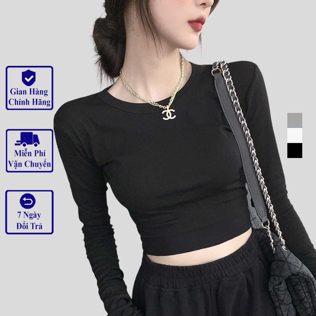 Áo thun croptop nữ MADELA cổ tròn ôm body chất thun dày dặn, croptop cổ tròn dài tay nữ dáng ôm