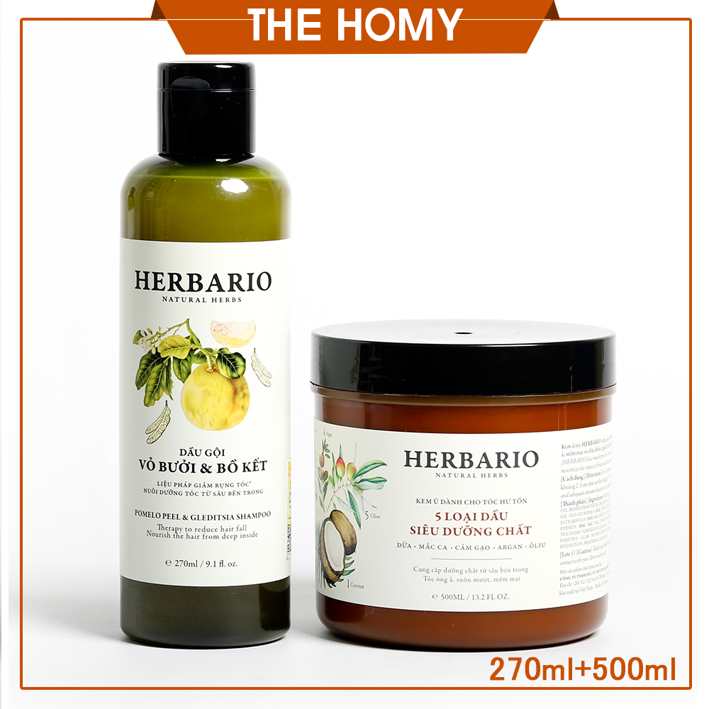 [ TÓC CHẮC KHỎE ] Dầu gội vỏ bưởi bồ kết Herbario 270ml + Kem ủ tóc Herbario 500ml giúp tóc suôn mượt mềm mại, giảm gãy rụng, dưỡng tóc óng ả, giảm khô xơ, phục hồi tóc hư tổn