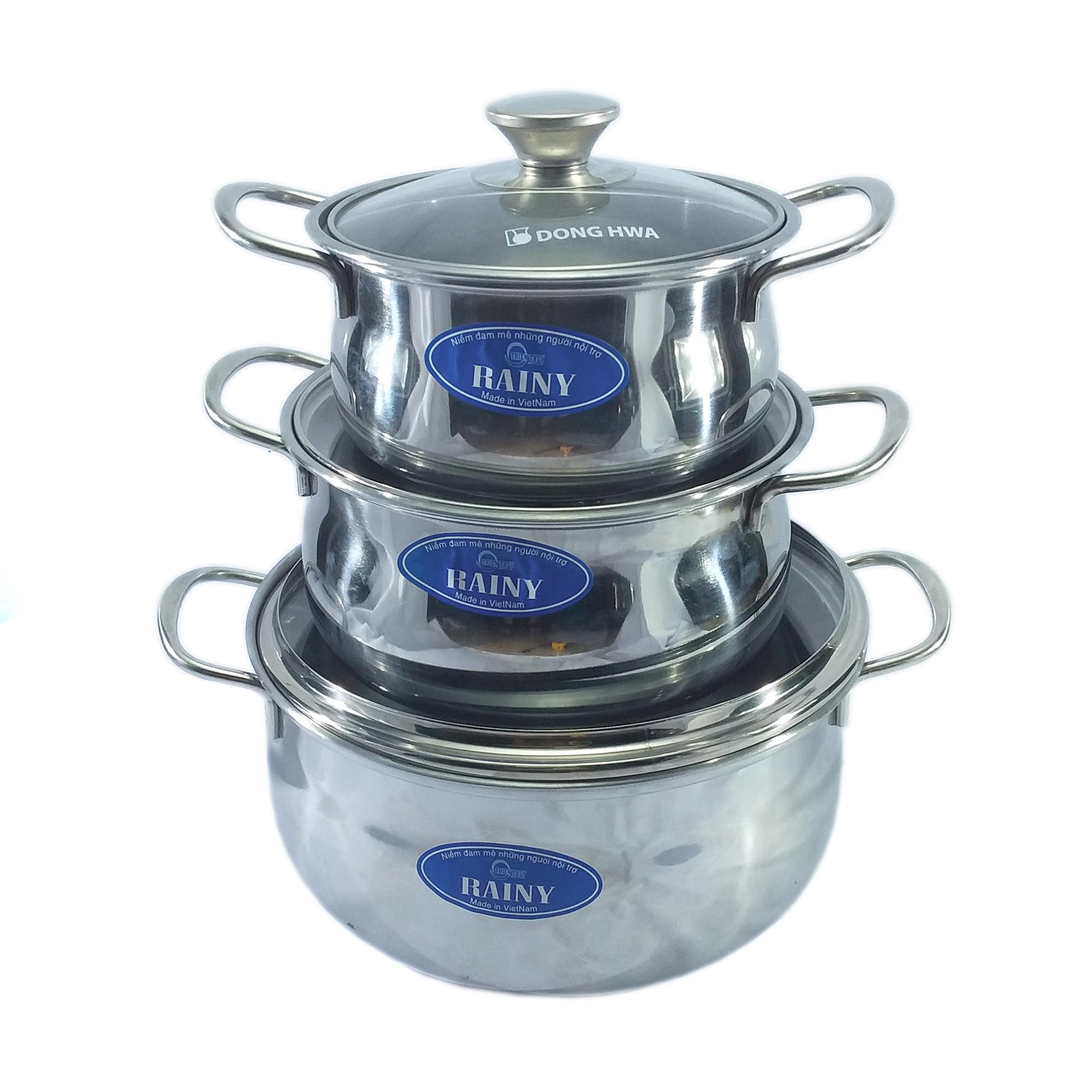 Bộ nồi inox 3 cái thân bầu 6 dem Rainy nắp thủy tinh cao cấp