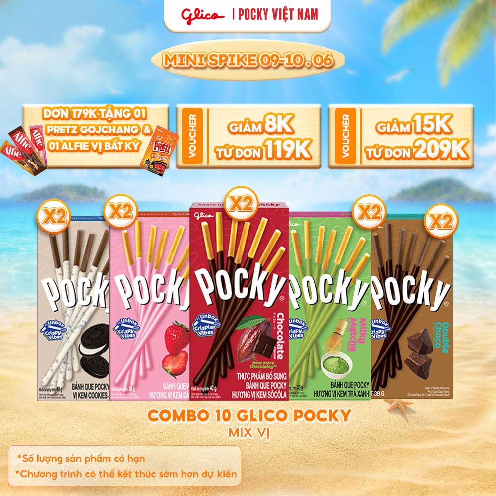 Combo 10 Hộp Bánh Que Phủ Kem Nhiều Vị Glico Pocky (00458_2 Dâu - 2 Cookies  Cream - 2 Socola - 2 Double Choco - 2 Sữa)