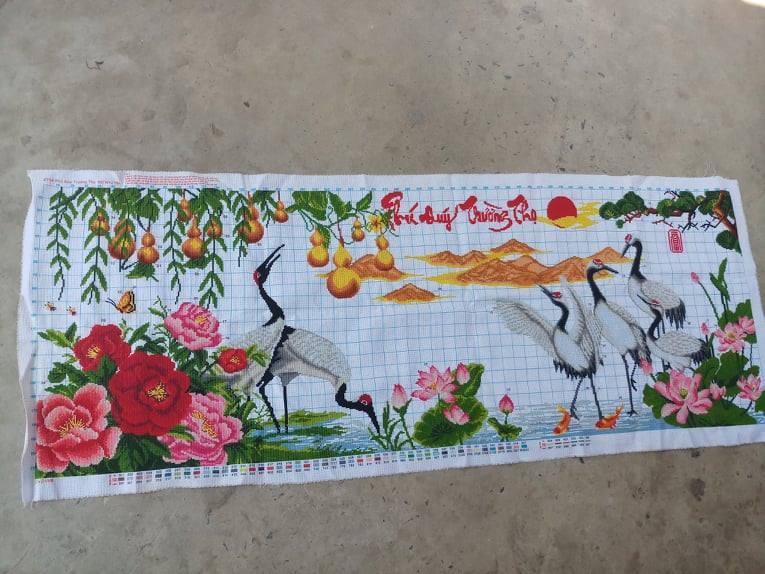 Tranh thêu tay thêu sẵn Phú quý trường thọ kích thước 1m4 x 60 thêu hết tranh