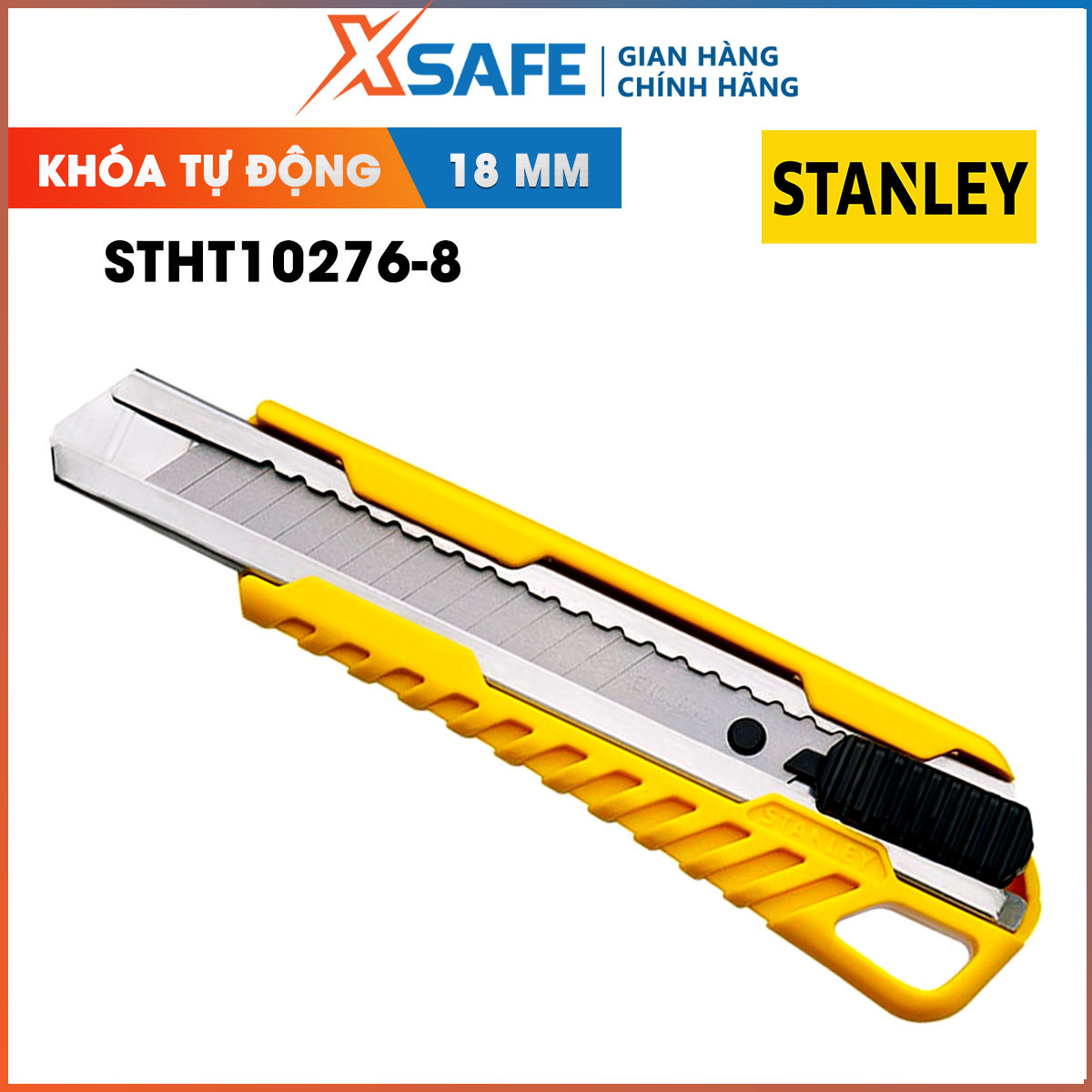 Dao rọc khóa tự động 18mm STANLEY STHT10276-8 thân được làm bằng nhựa ABS cao cấp Dao rọc giấy Stanley chịu lực và chịu nhiệt tốt, có khoá tự động