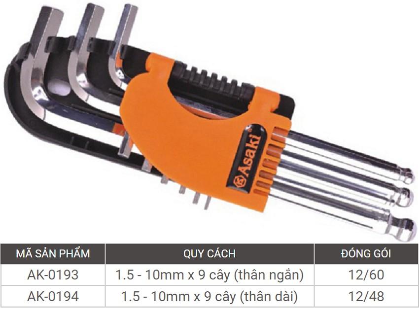 Bộ lục giác đầu bi 9 cây dài asaki ak-0193