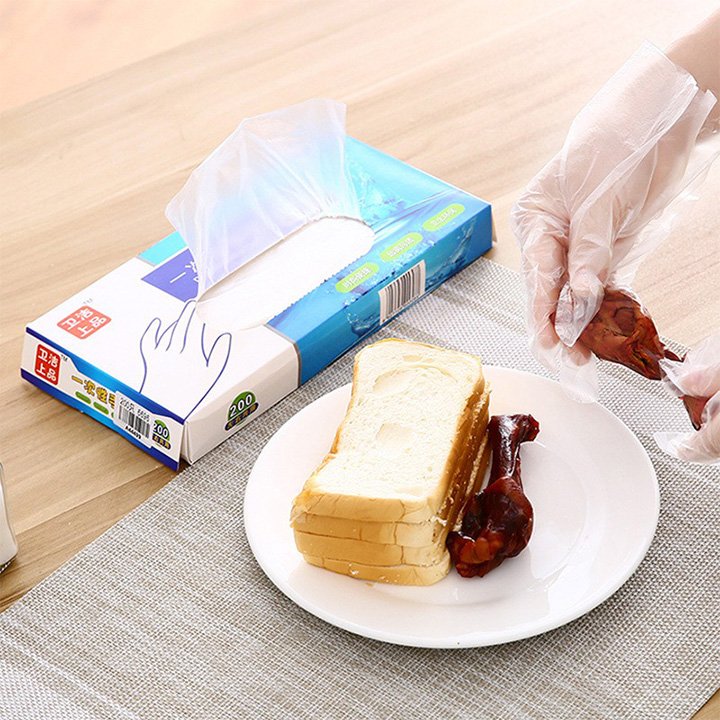 Hộp 200 găng tay nilon, bao tay nilon, găng tay làm bếp tiện lợi