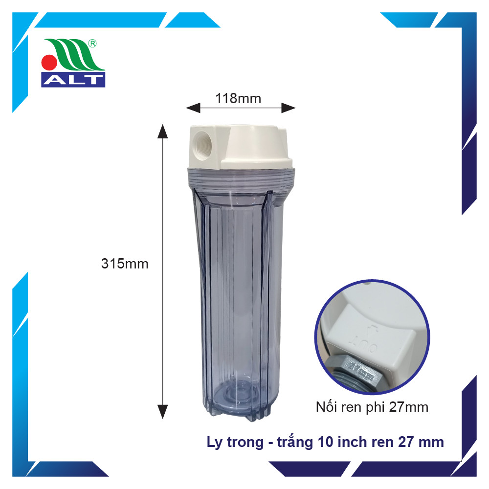 Cốc lọc nước vỏ trắng 10 inch ren 27mm Taiwan