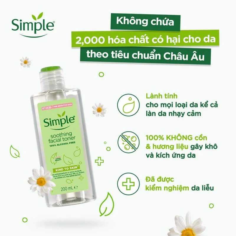 Nước hoa hồng không cồn dành cho da nhạy cảm simple kind to skin soothing facial toner 200ml