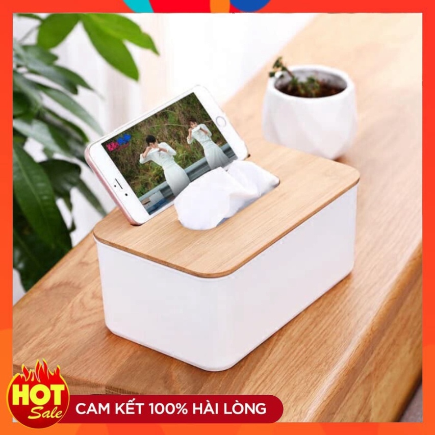 Hộp Đựng Giấy Ăn Nắp Vân Gỗ Kiêm Giá Để Điện Thoại Đa Năng  Tiện lợi0
